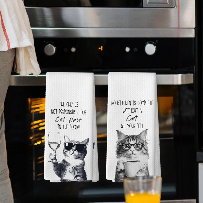 Mcehtle Funny Cat Kitchen Towels Set of 2, Cats Kitchen Accessories, Coffee Wine Station Decor, Chef Gift Hand Towel, No Kitchen is Complete Without a Cat at Your Feet Tea Towel 16x24 Inch - Image 2